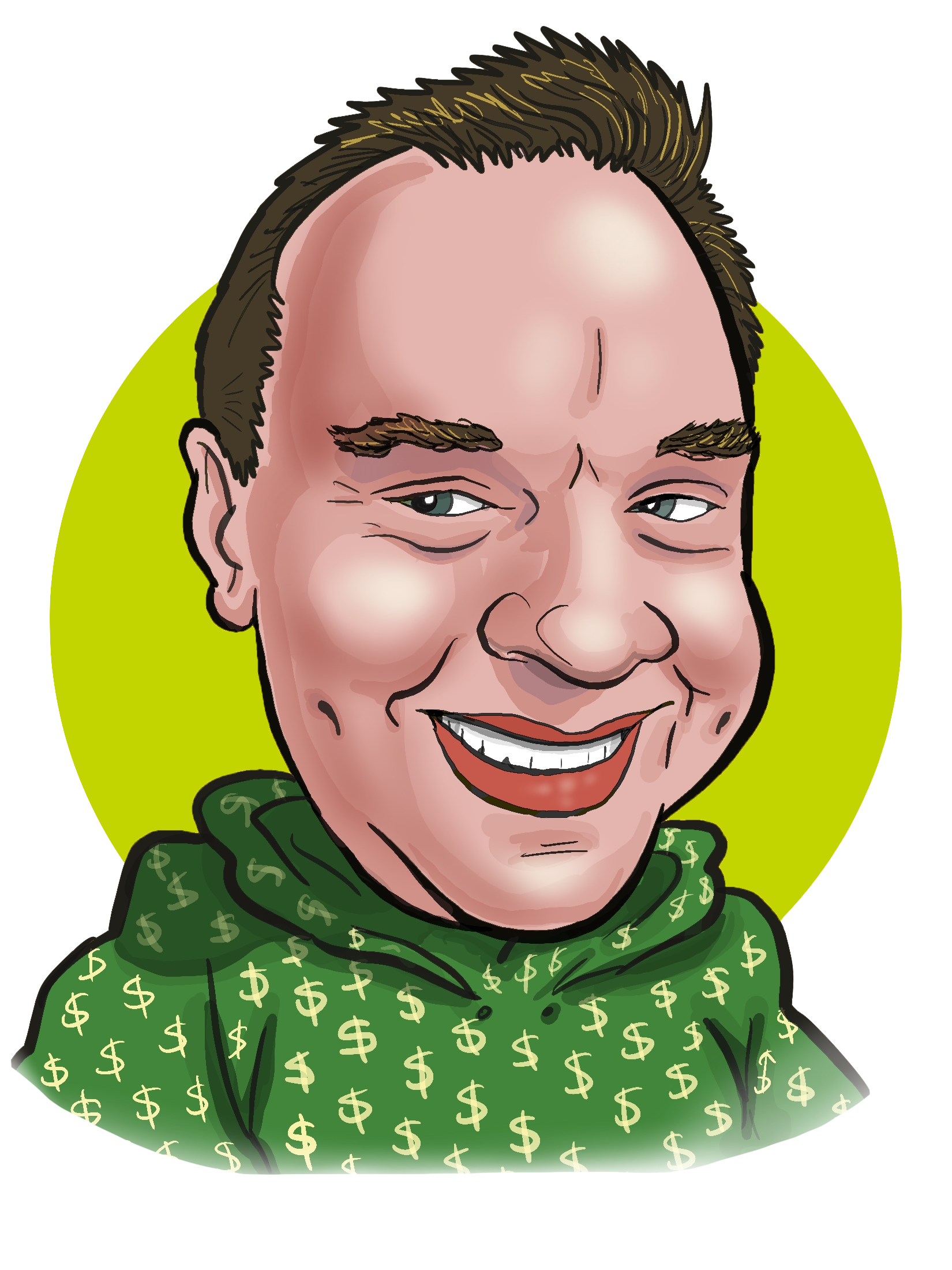 a caricature-style drawing of Mike Hunter's headshot